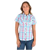 Wrangler Women s Adabelle Check Western S/S Shirt Aqua/Pink