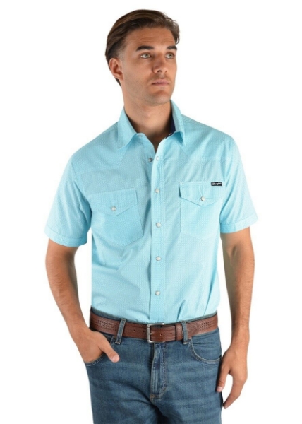 Picture of Wrangler Mens Young Print Western S/Sleeve Shirt Aqua